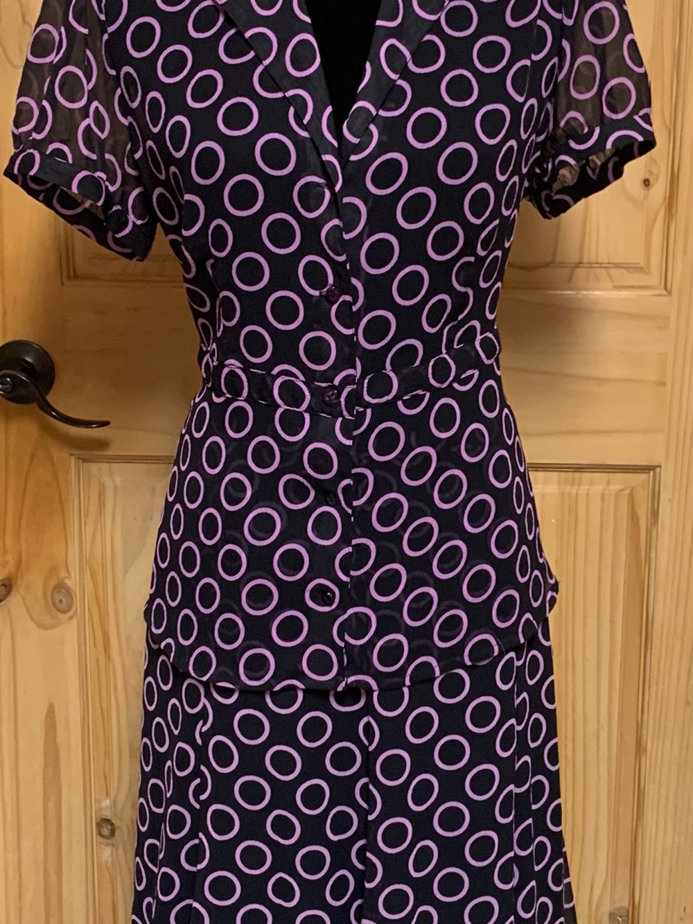 Sag Harbor Black Matching Blouse and Skirt Midi Length with Purple Ring Print